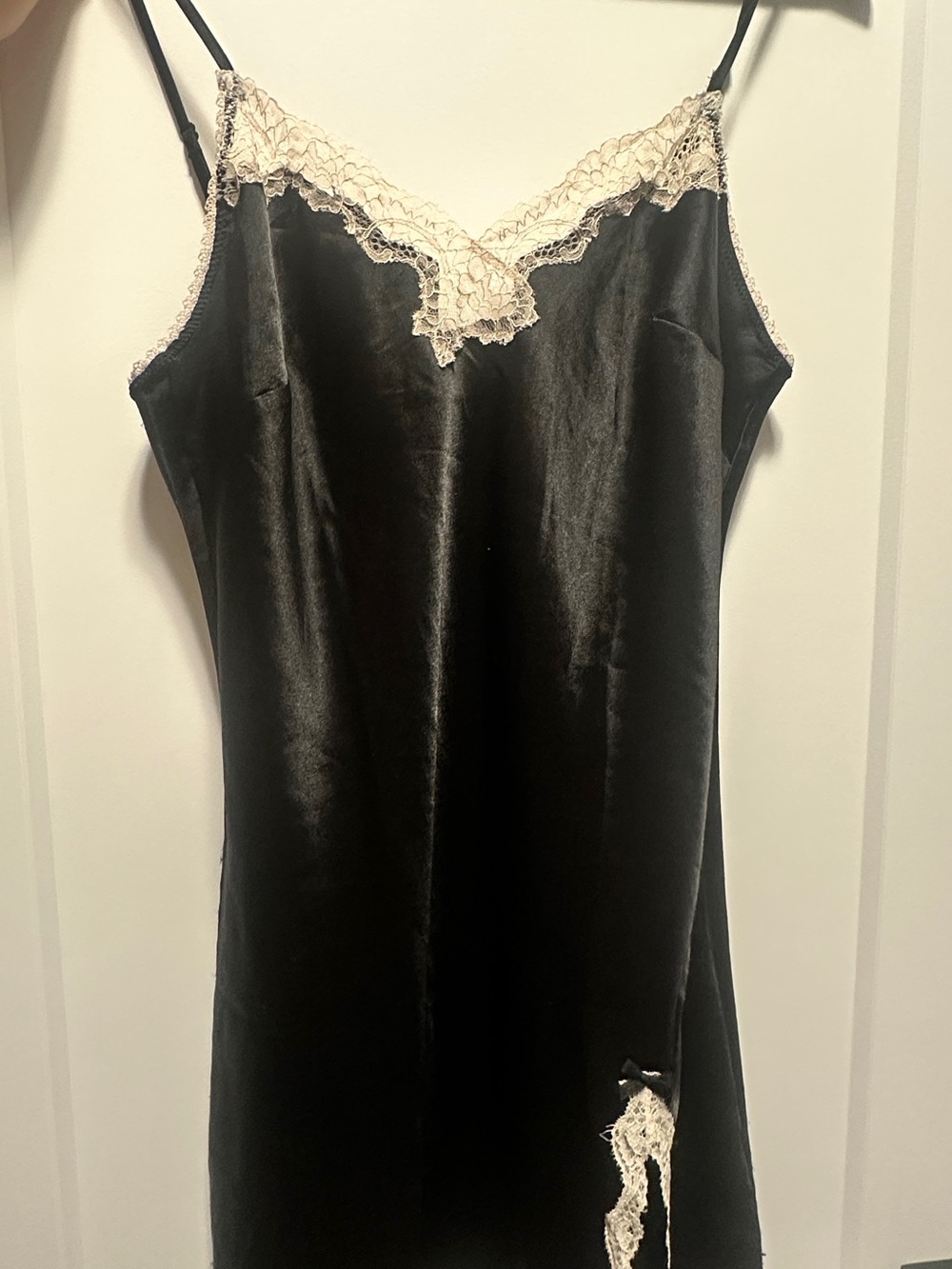 Victoria's Secret Black Satin Slip with Cream Lace Trim